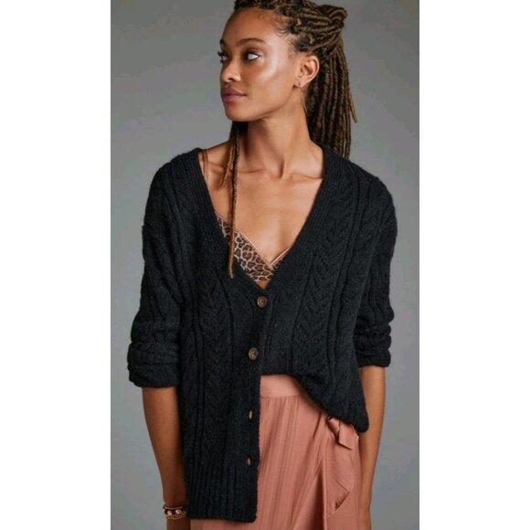 Anthropologie Sweaters - Anthropologie Pointelle Cardigan Sz Small Boho Oversized Cable-Knit Slouchy  Blk